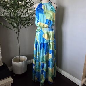 Elegant Blue and Green Halter Maxi Dress